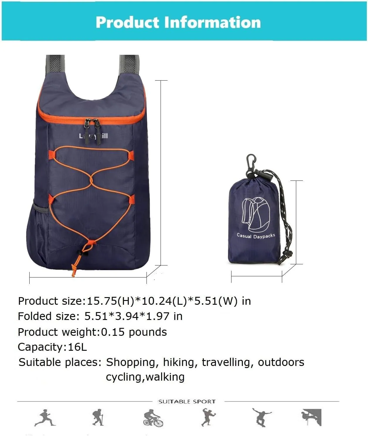 16L Hiking-Daypack Lightweight-Foldable Travel-Backpack Water-Resistant Camping Outdoor Packable Easy Carry-on Bag (Dark Blue)