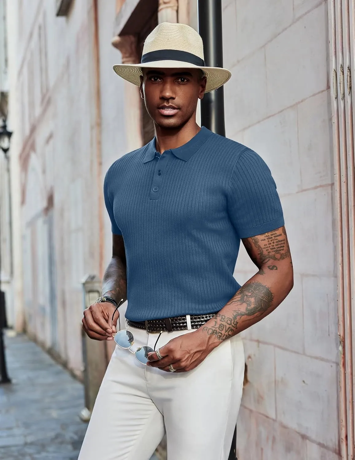 COOFANDY Mens Knit Polo Shirts Short Sleeve Button Down Shirt Textured Casual Summer Beach Shirts