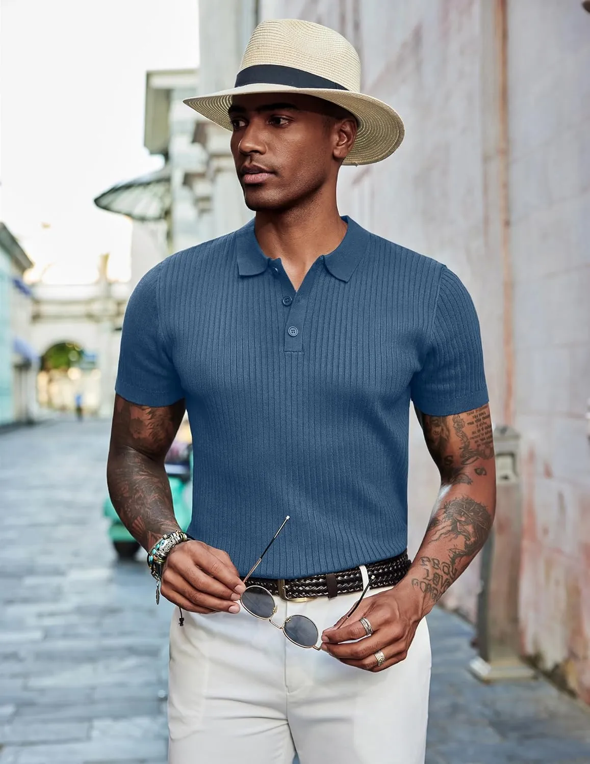 COOFANDY Mens Knit Polo Shirts Short Sleeve Button Down Shirt Textured Casual Summer Beach Shirts