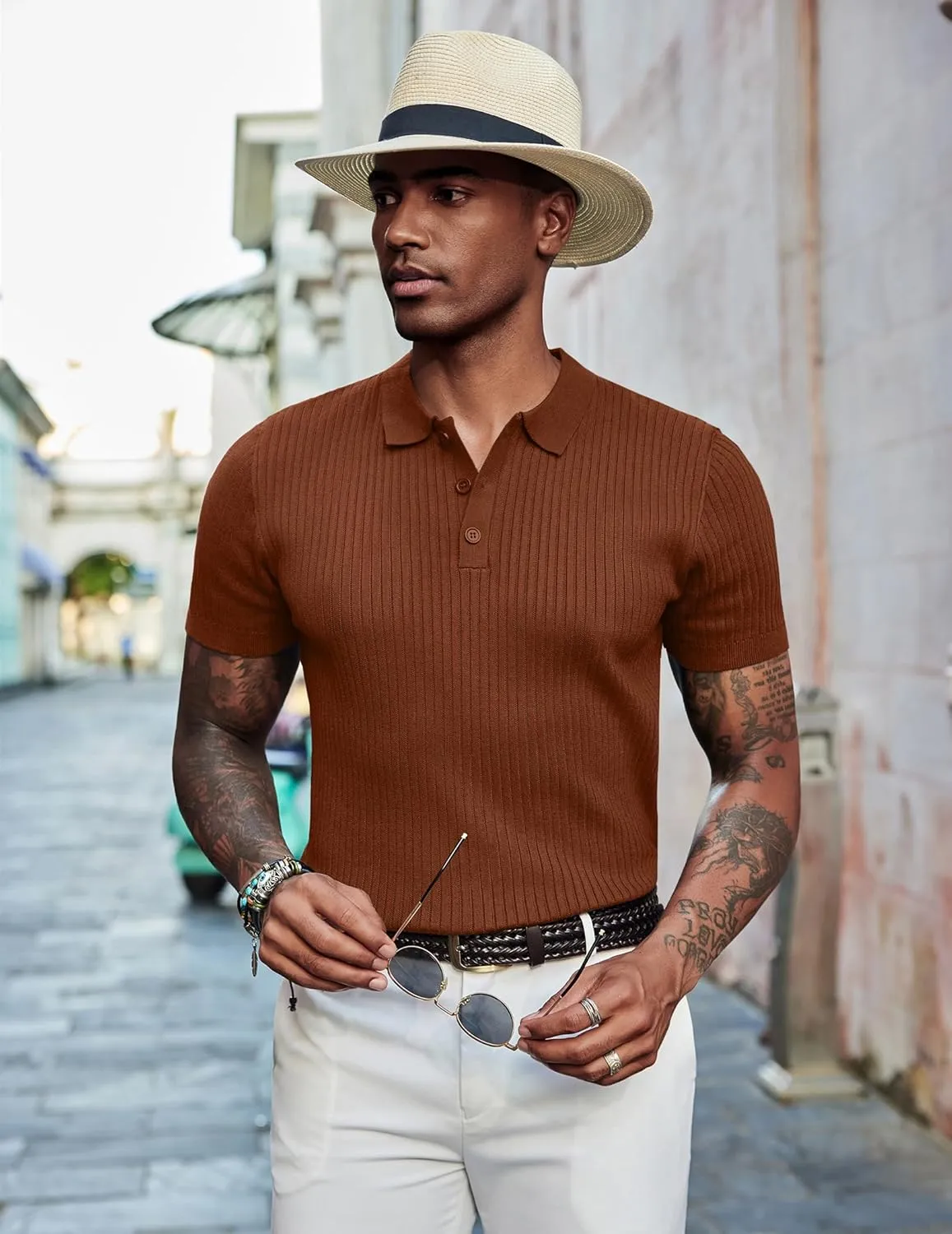 COOFANDY Mens Knit Polo Shirts Short Sleeve Button Down Shirt Textured Casual Summer Beach Shirts
