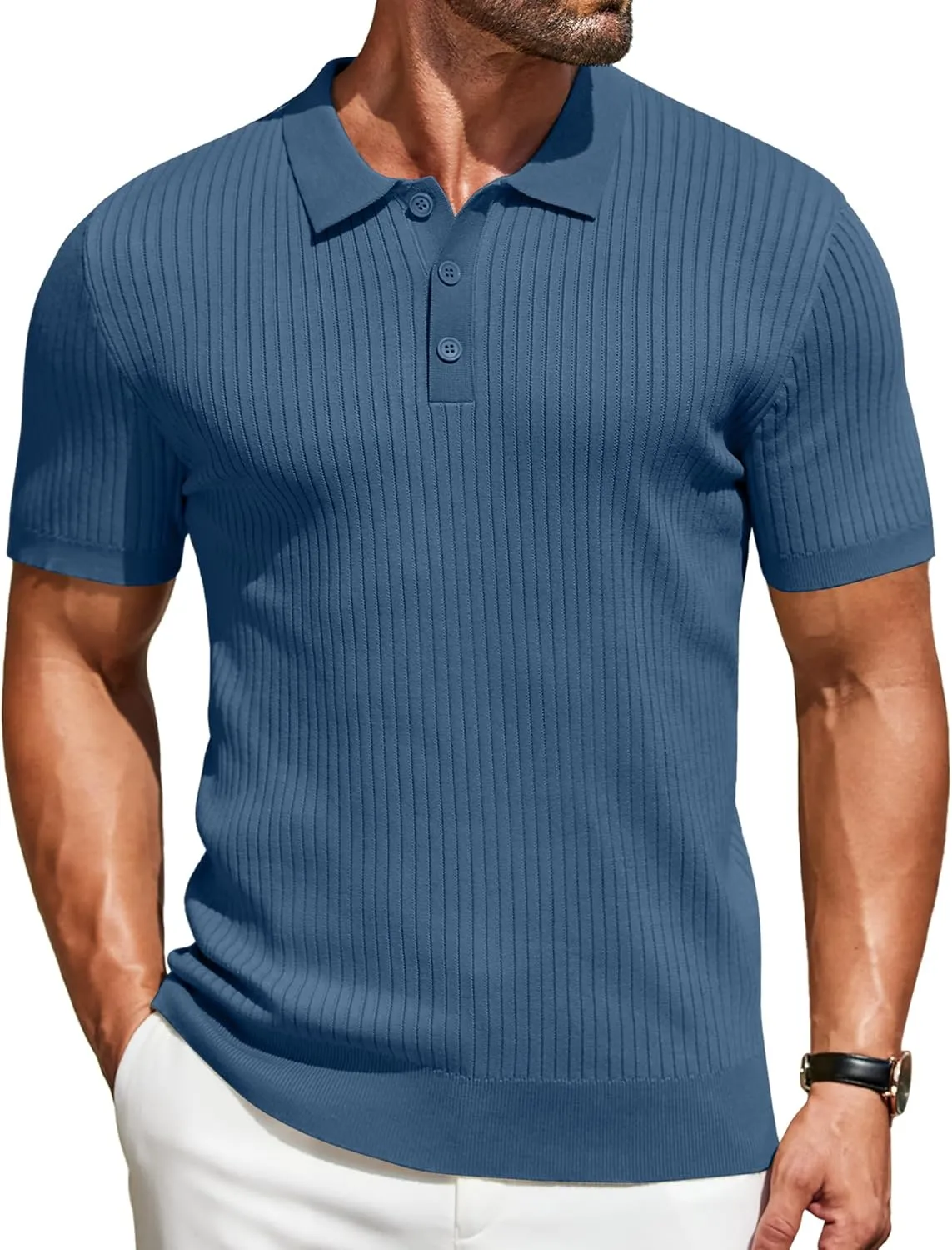COOFANDY Mens Knit Polo Shirts Short Sleeve Button Down Shirt Textured Casual Summer Beach Shirts