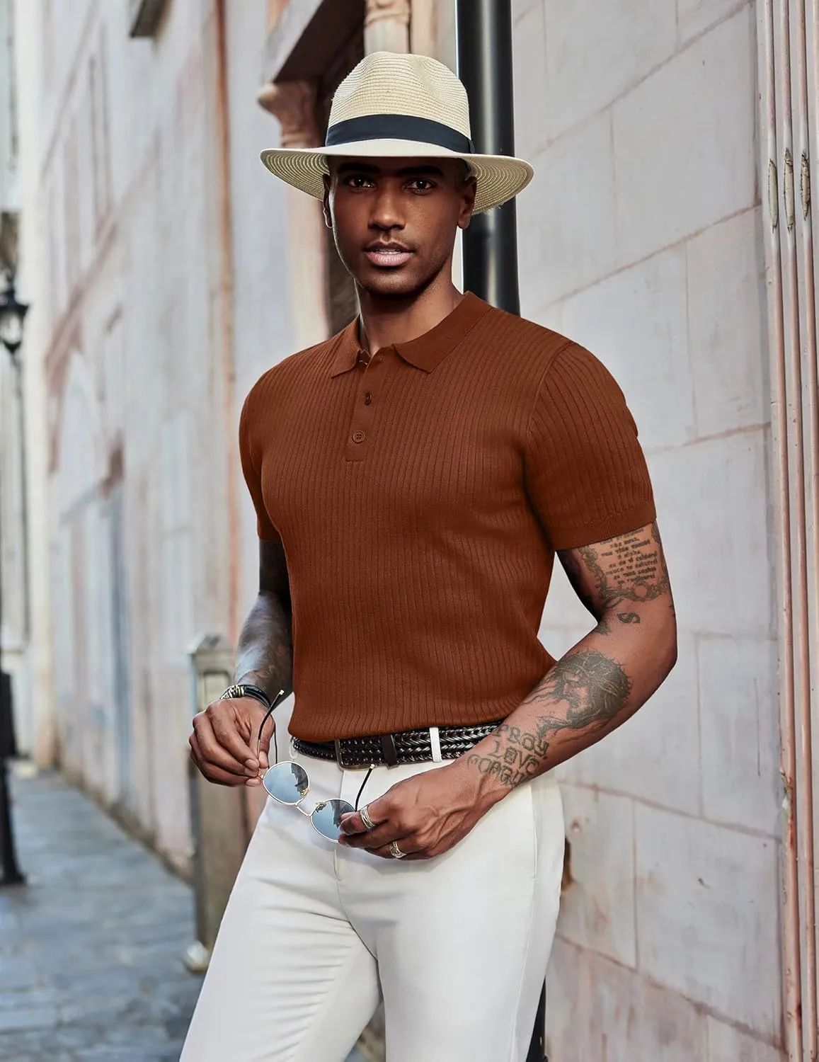 COOFANDY Mens Knit Polo Shirts Short Sleeve Button Down Shirt Textured Casual Summer Beach Shirts