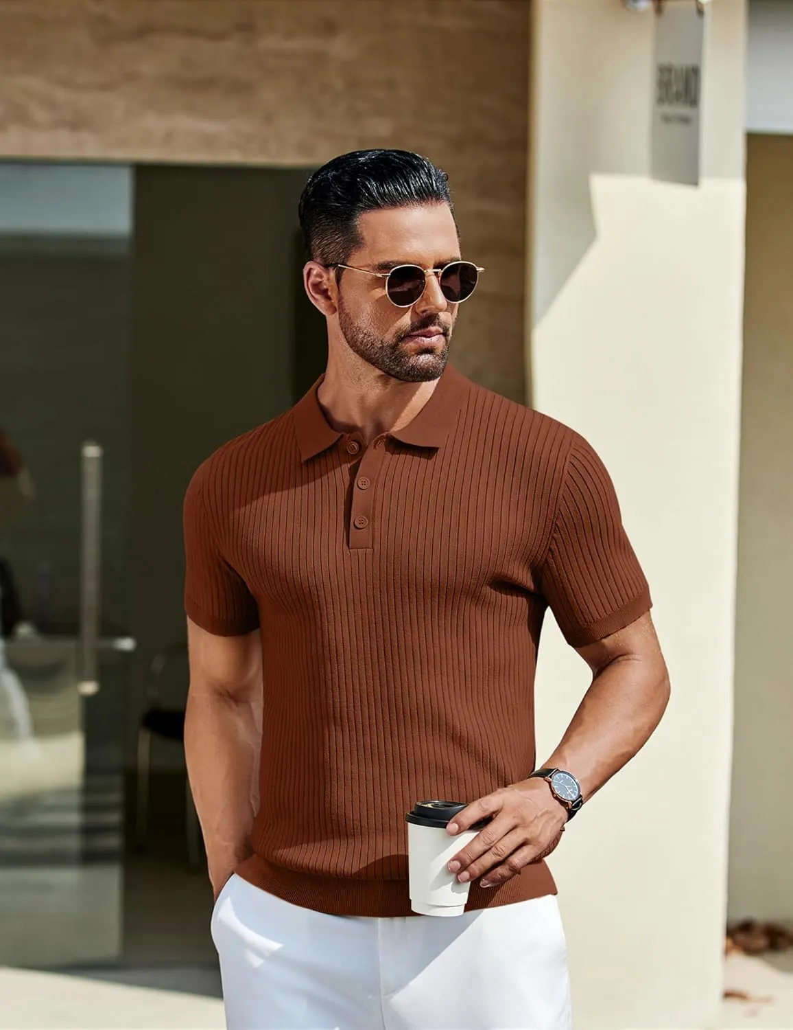 COOFANDY Mens Knit Polo Shirts Short Sleeve Button Down Shirt Textured Casual Summer Beach Shirts