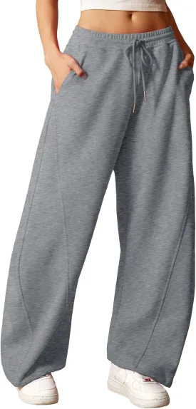 ELLEVEN Women's Y2K Wide Leg Sweatpants - High Elastic Waist Baggy Pants with Pockets & Adjustable Ankle Drawstring Cuffs
