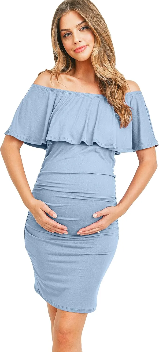 Hello MIZ Women's Floral Ruffle Off Shoulder Maternity Dress - Made in USA