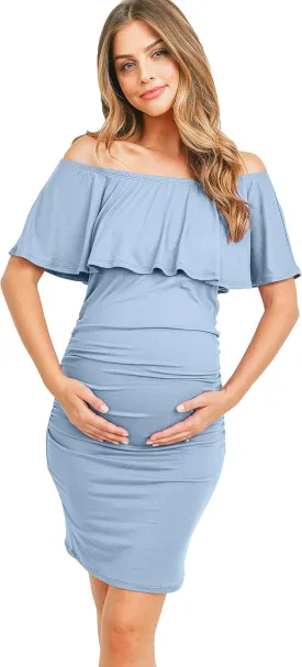 Hello MIZ Women's Floral Ruffle Off Shoulder Maternity Dress - Made in USA