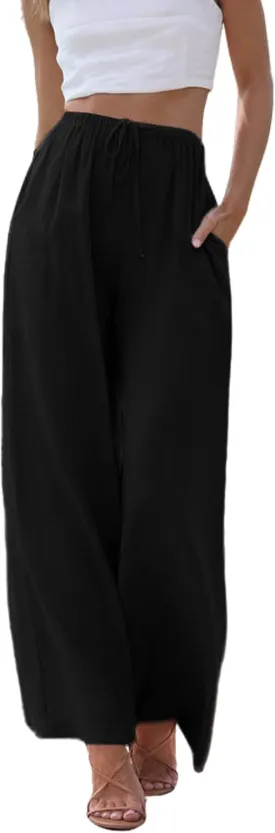 Hooever Women's Wide Leg Cotton Linen Pants High Waist Adjustable Tie Knot Lounge Trousers