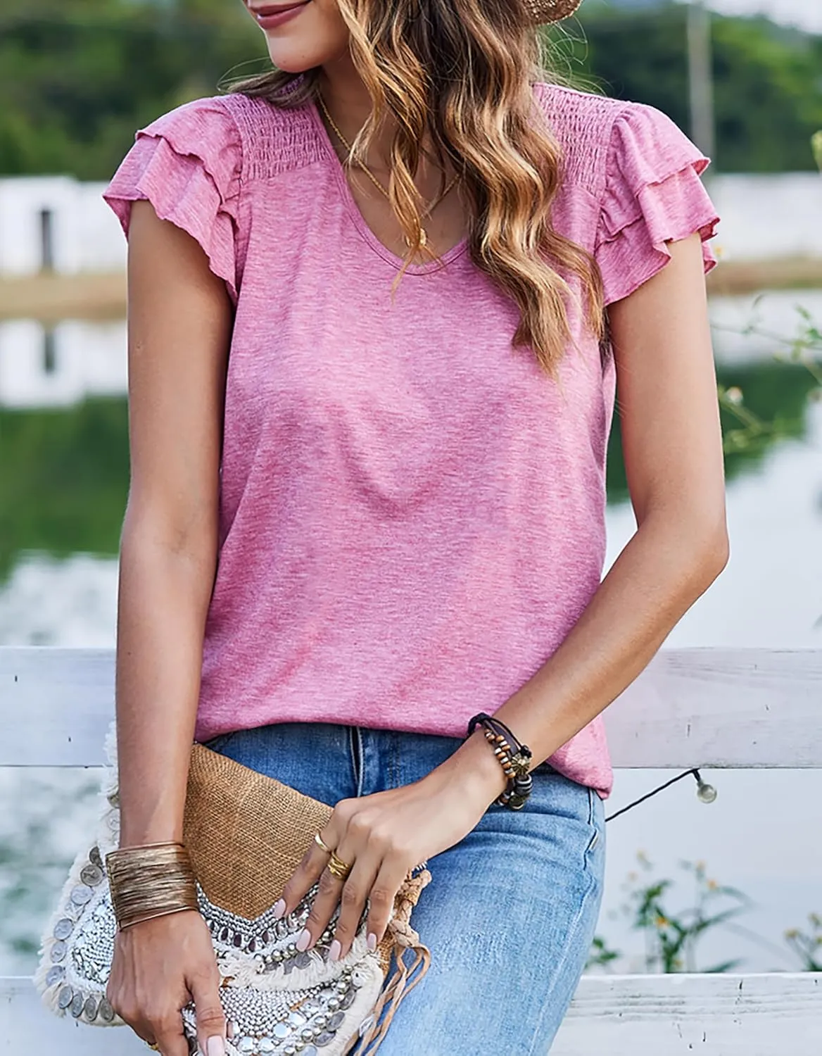 Hount Womens V Neck Ruffle Short Sleeve Tops Casual Ribbed Cute T Shirts Loose Fit Summer Shirts Blouses