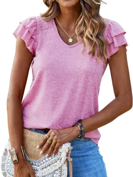 Hount Womens V Neck Ruffle Short Sleeve Tops Casual Ribbed Cute T Shirts Loose Fit Summer Shirts Blouses