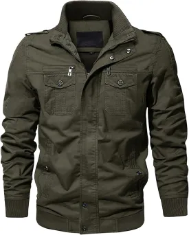 JEKE-DG Men's Relaxed Fit Cotton Outdoor Jacket Multi-Pocket Casual Cargo Jackets Stand Collar Lightweight Jacket Coat