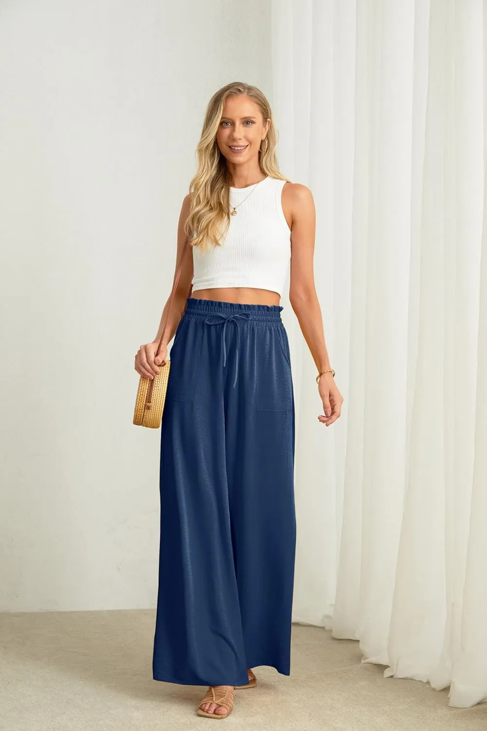 JINKESI Women Wide Leg Pants High Waist Loose Flowy Adjustable Tie Knot Trousers Business Casual Pants with Pockets