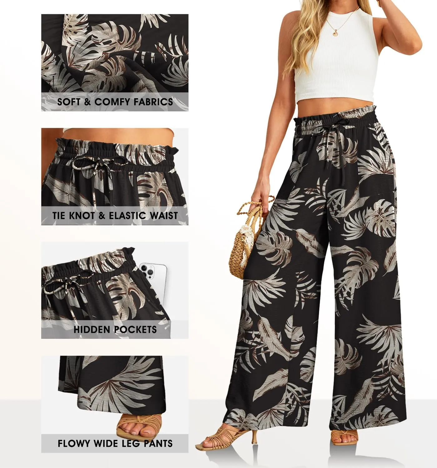 JINKESI Women Wide Leg Pants High Waist Loose Flowy Adjustable Tie Knot Trousers Business Casual Pants with Pockets