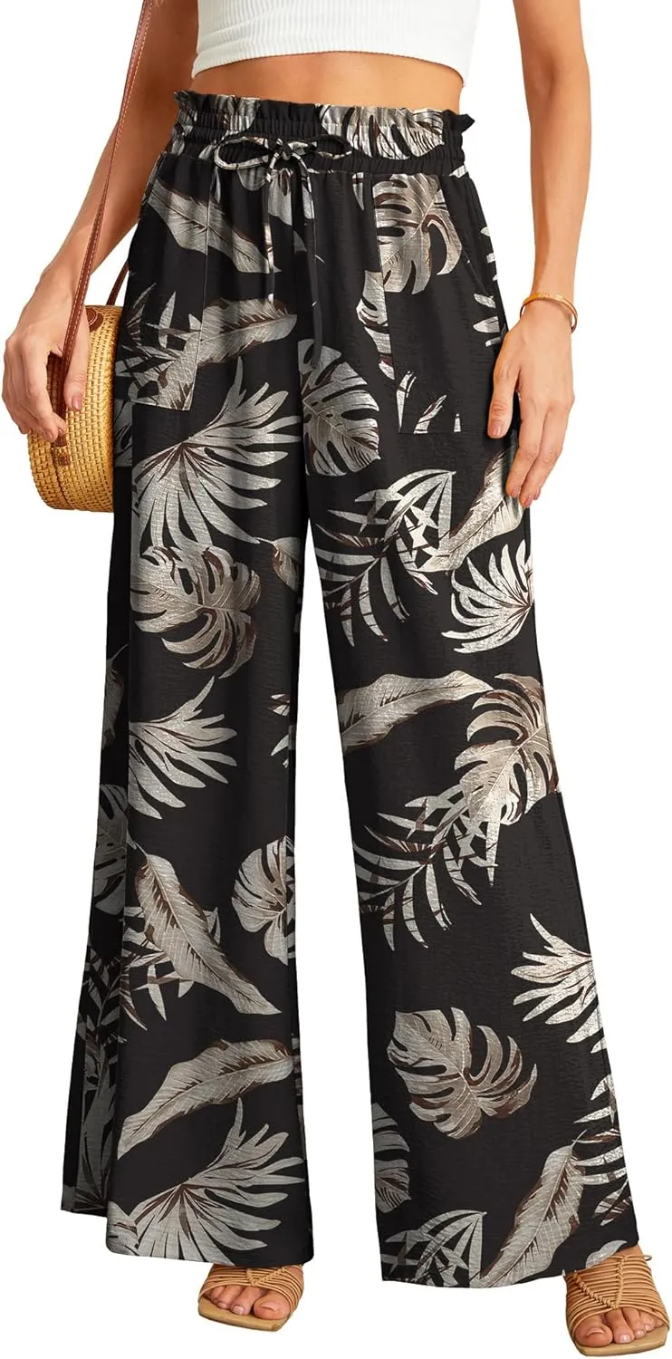 JINKESI Women Wide Leg Pants High Waist Loose Flowy Adjustable Tie Knot Trousers Business Casual Pants with Pockets