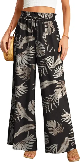 JINKESI Women Wide Leg Pants High Waist Loose Flowy Adjustable Tie Knot Trousers Business Casual Pants with Pockets