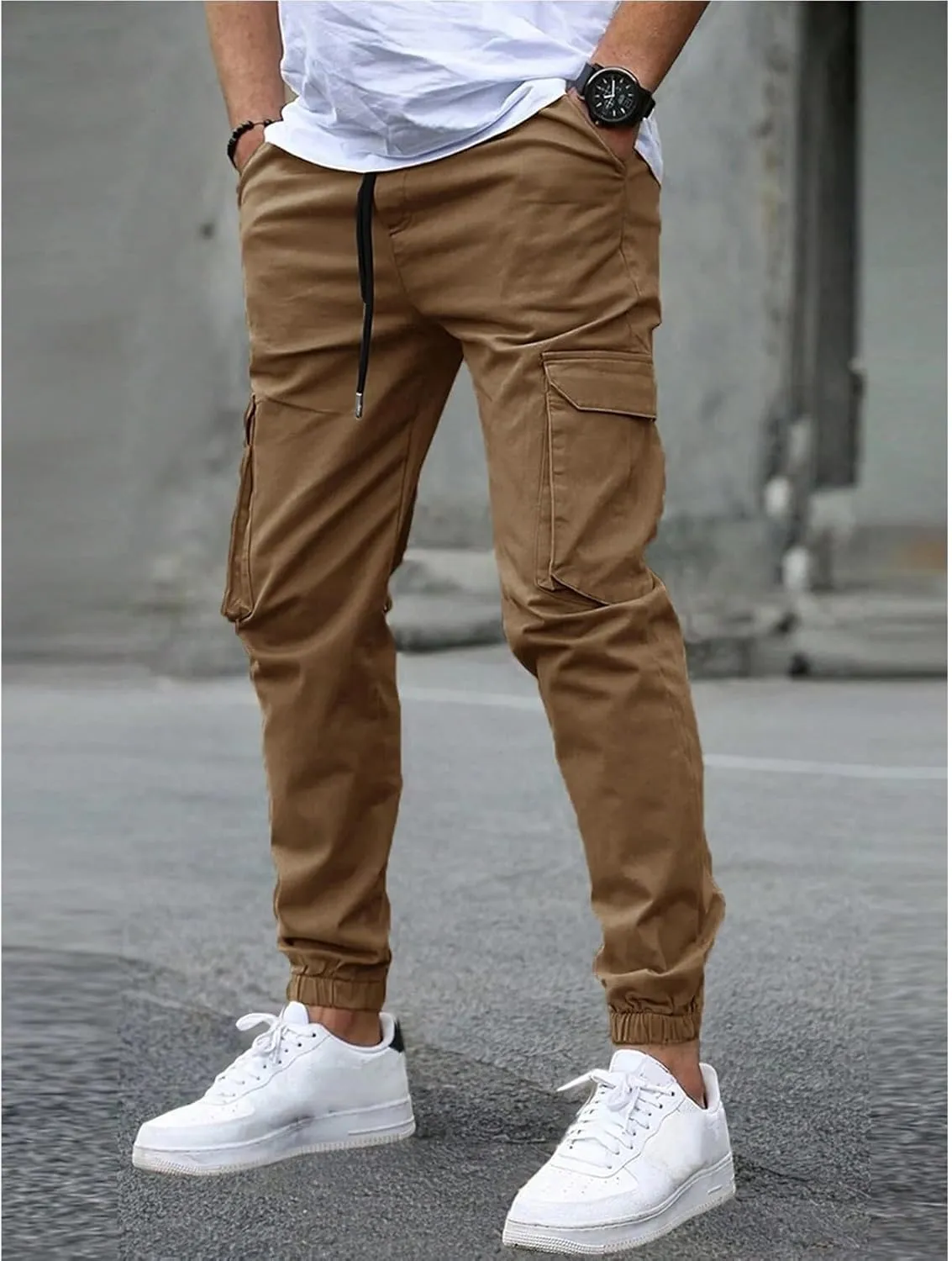Mencomfy Cargo Pants Casual Stretch Slim Fit Hiking Pant Drawstring Athletic Joggers with Multi Pockets Tapered Trousers