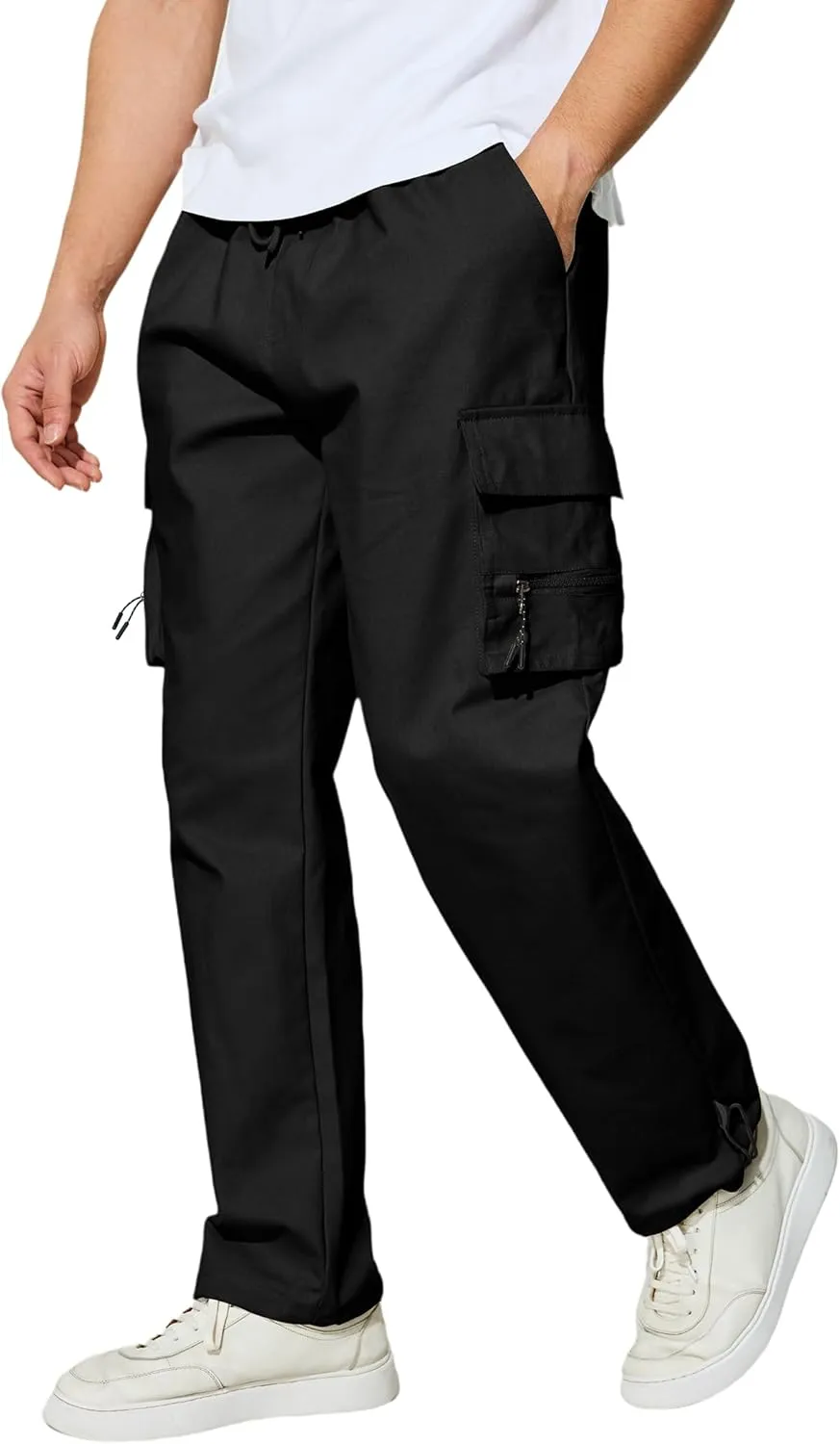 Men's Cargo Pants with Pockets Cotton Outdoor Elastic Waist Hiking Pants Casual Baggy Jogger Sweatpants