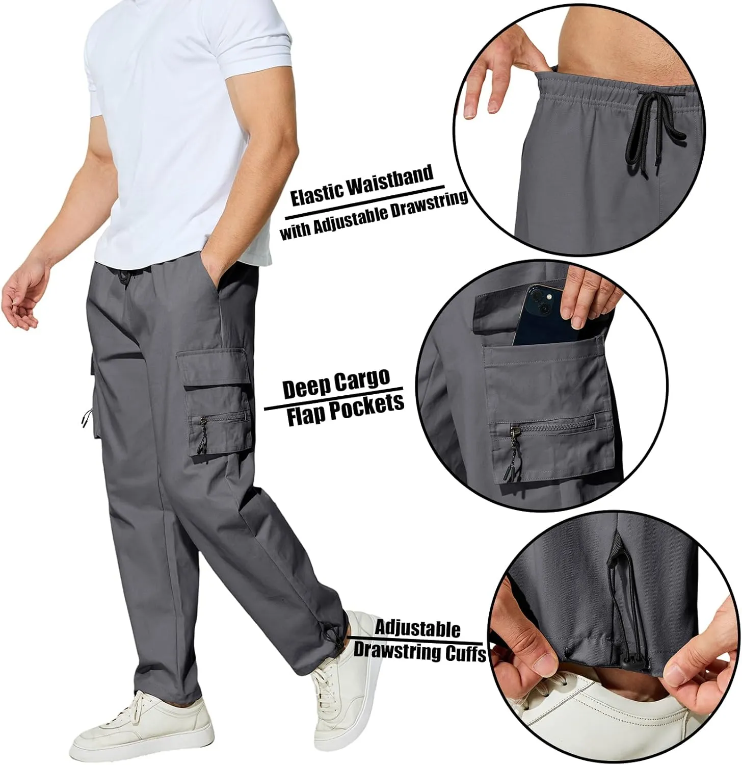 Men's Cargo Pants with Pockets Cotton Outdoor Elastic Waist Hiking Pants Casual Baggy Jogger Sweatpants