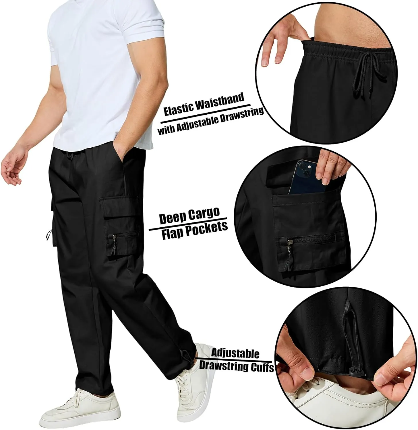 Men's Cargo Pants with Pockets Cotton Outdoor Elastic Waist Hiking Pants Casual Baggy Jogger Sweatpants