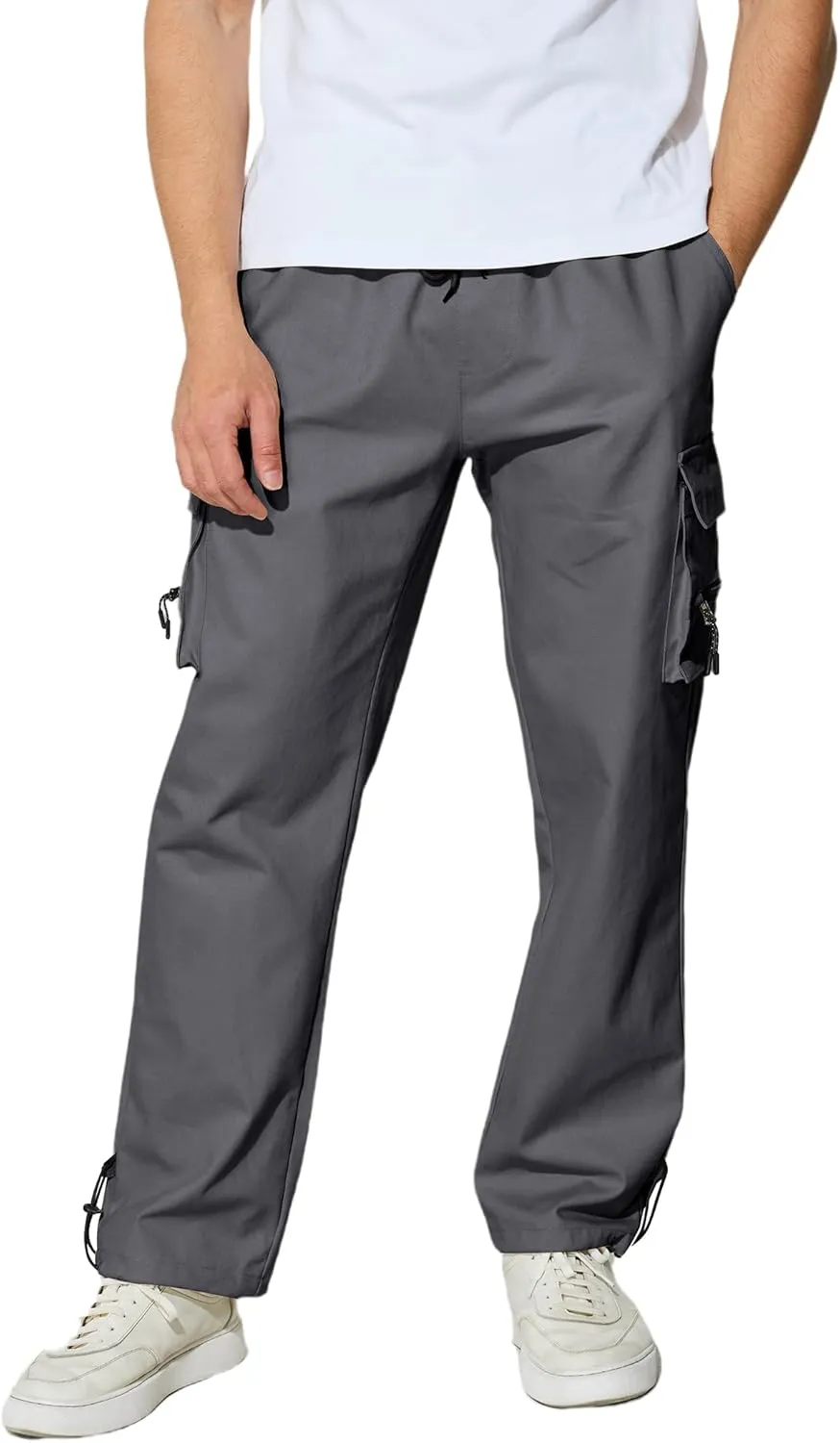 Men's Cargo Pants with Pockets Cotton Outdoor Elastic Waist Hiking Pants Casual Baggy Jogger Sweatpants