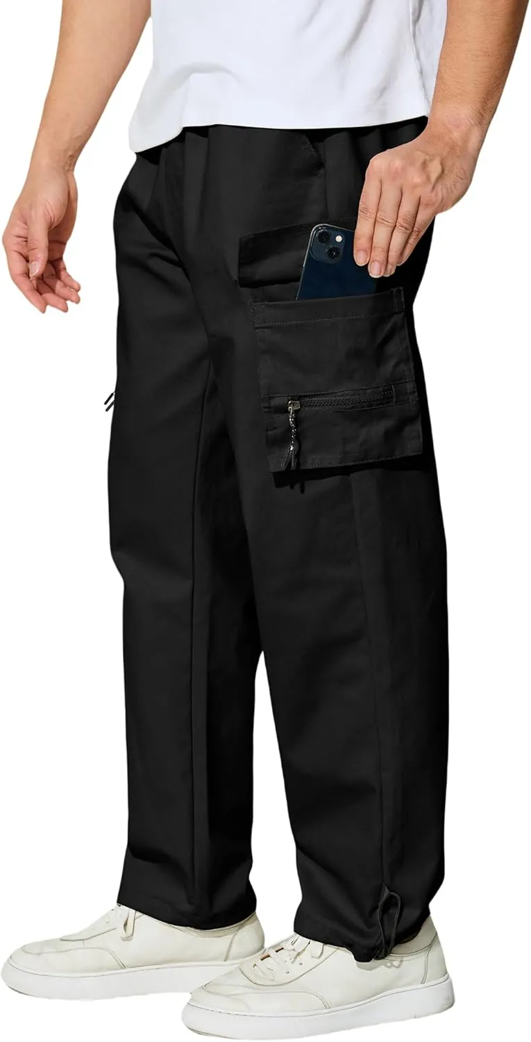 Men's Cargo Pants with Pockets Cotton Outdoor Elastic Waist Hiking Pants Casual Baggy Jogger Sweatpants