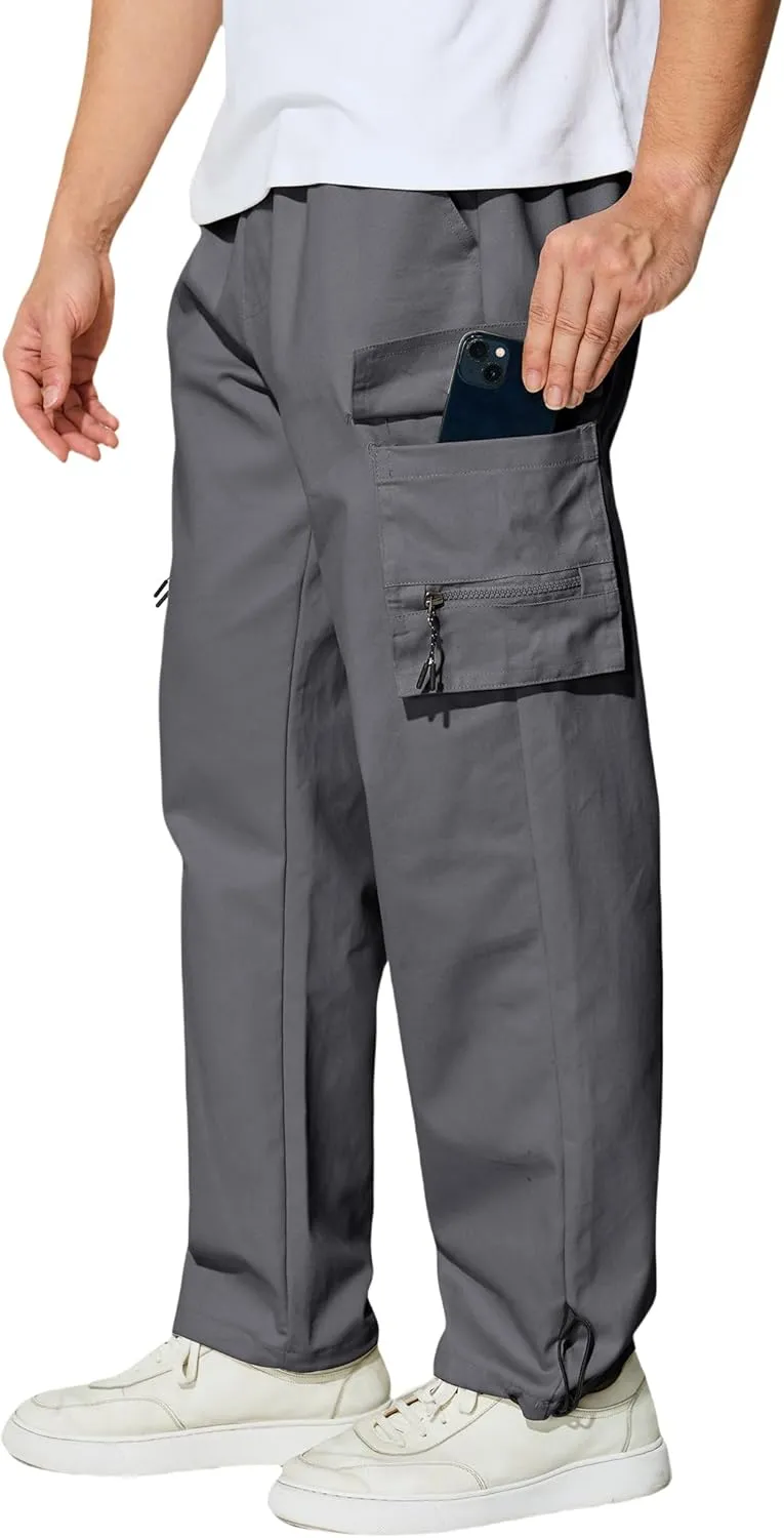 Men's Cargo Pants with Pockets Cotton Outdoor Elastic Waist Hiking Pants Casual Baggy Jogger Sweatpants