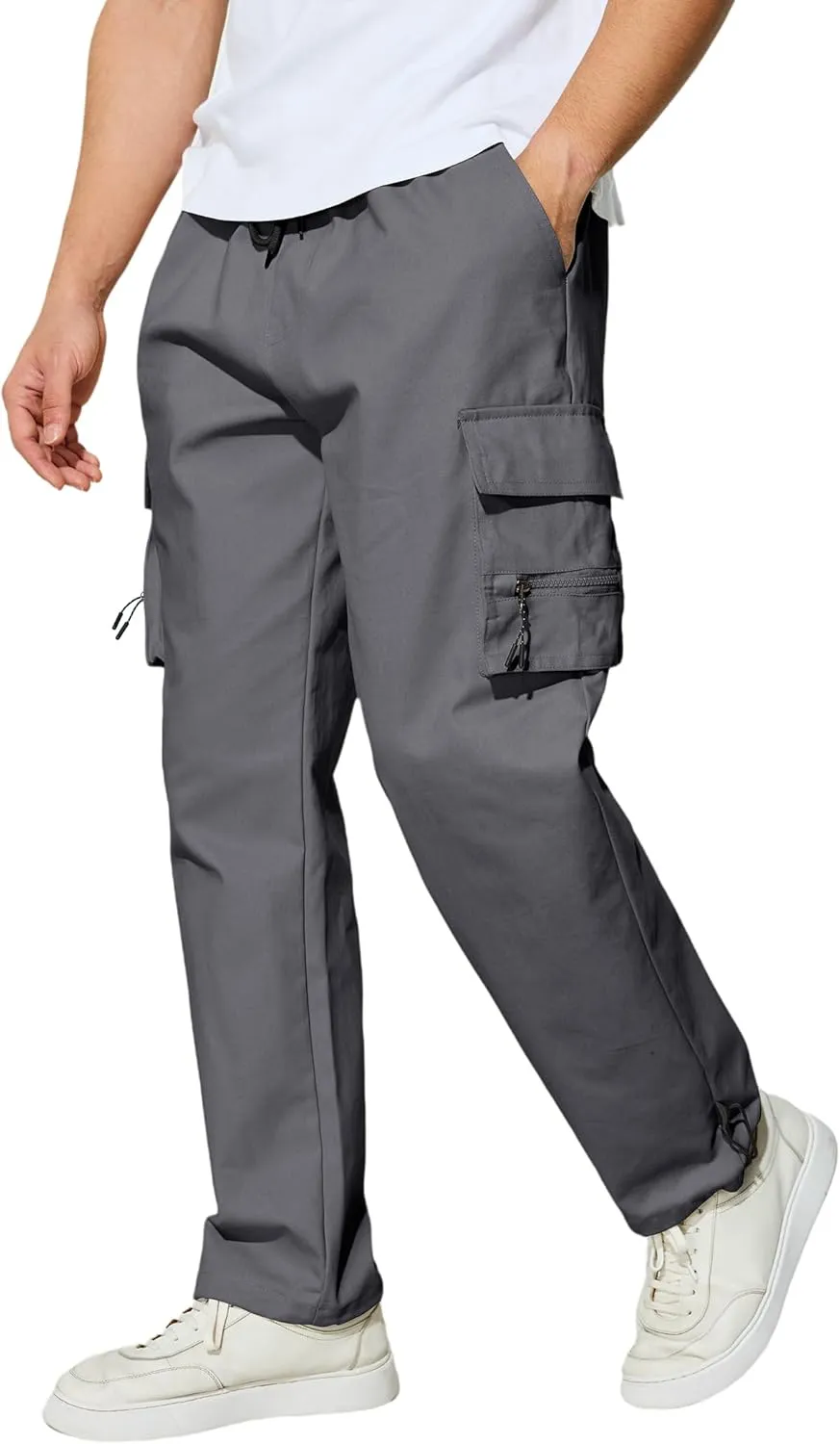Men's Cargo Pants with Pockets Cotton Outdoor Elastic Waist Hiking Pants Casual Baggy Jogger Sweatpants