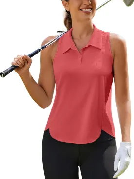 PINSPARK Women's Golf Shirt UPF 50  Sleeveless Tennis Polo V Neck Workout Tank Top Racerback Athletic T Shirts with Collar