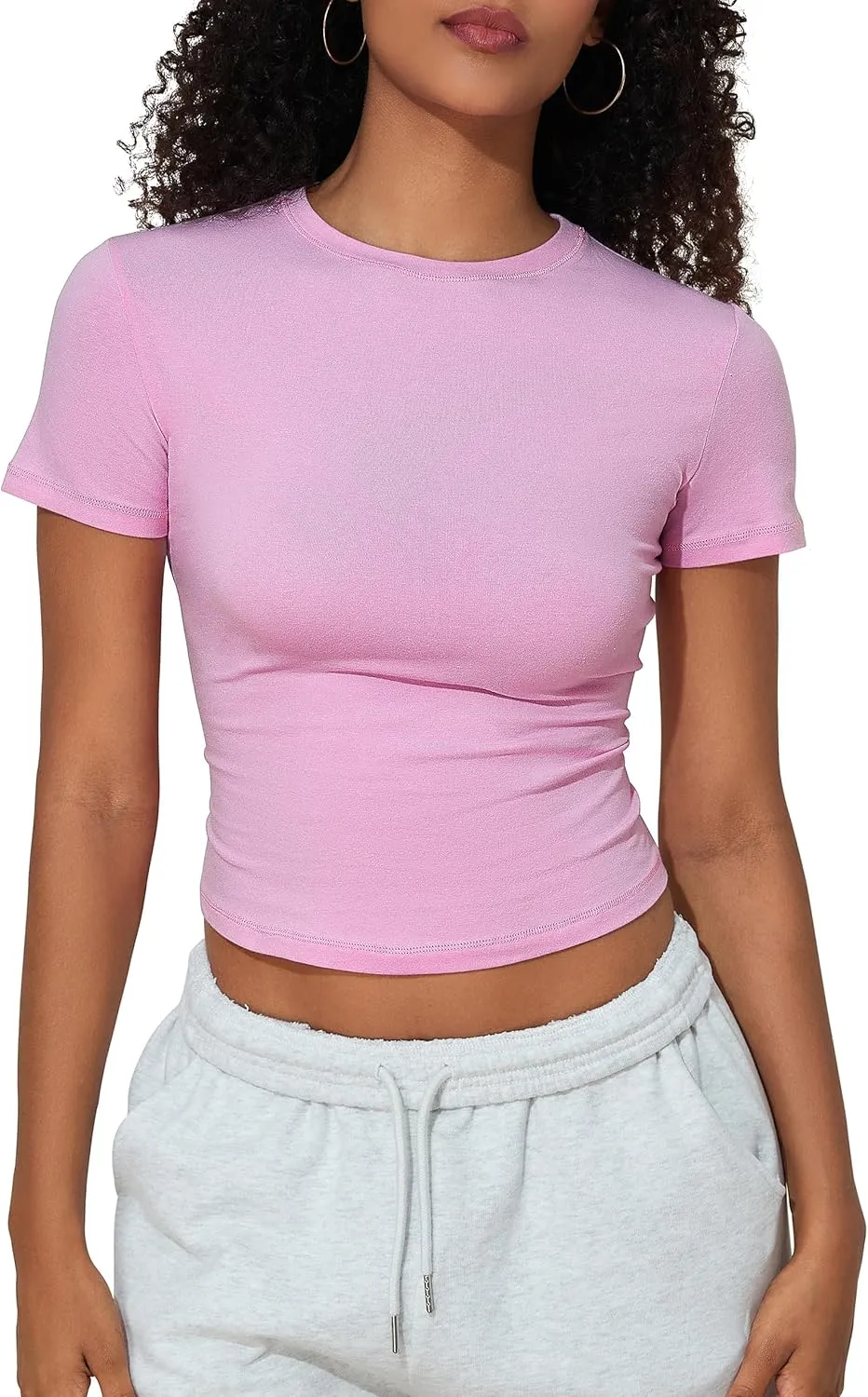 PrettyGuide Women's Crew Neck Short Sleeve Summer Basic Tee Tight Fit Cotton Jersey T Shirt Y2K Going Out Tops