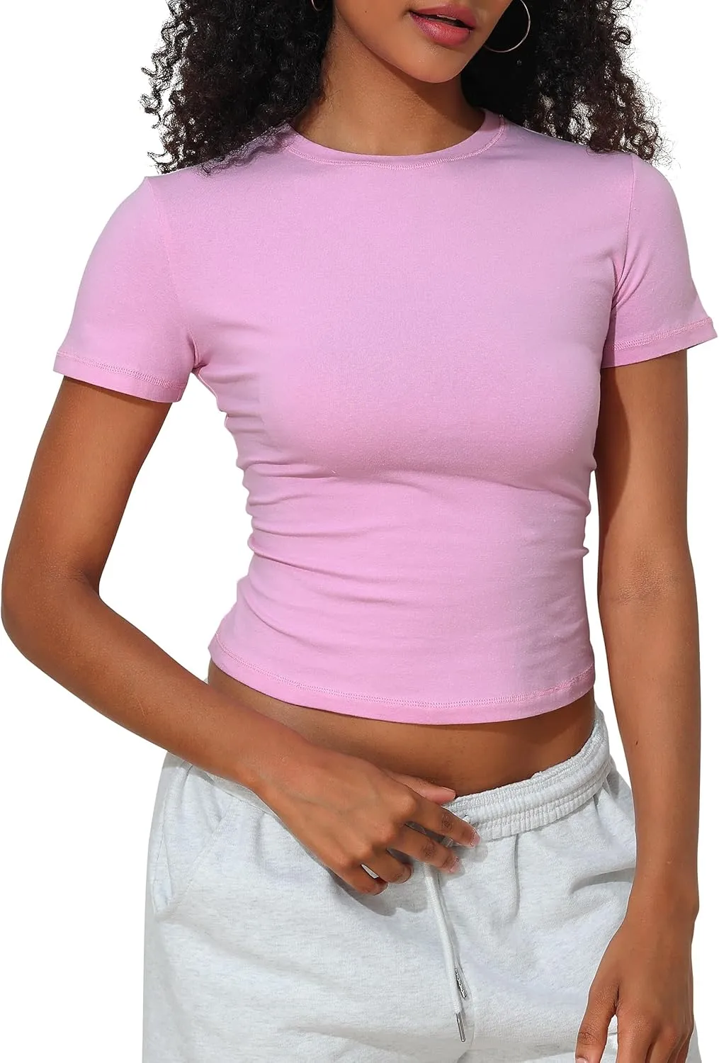 PrettyGuide Women's Crew Neck Short Sleeve Summer Basic Tee Tight Fit Cotton Jersey T Shirt Y2K Going Out Tops