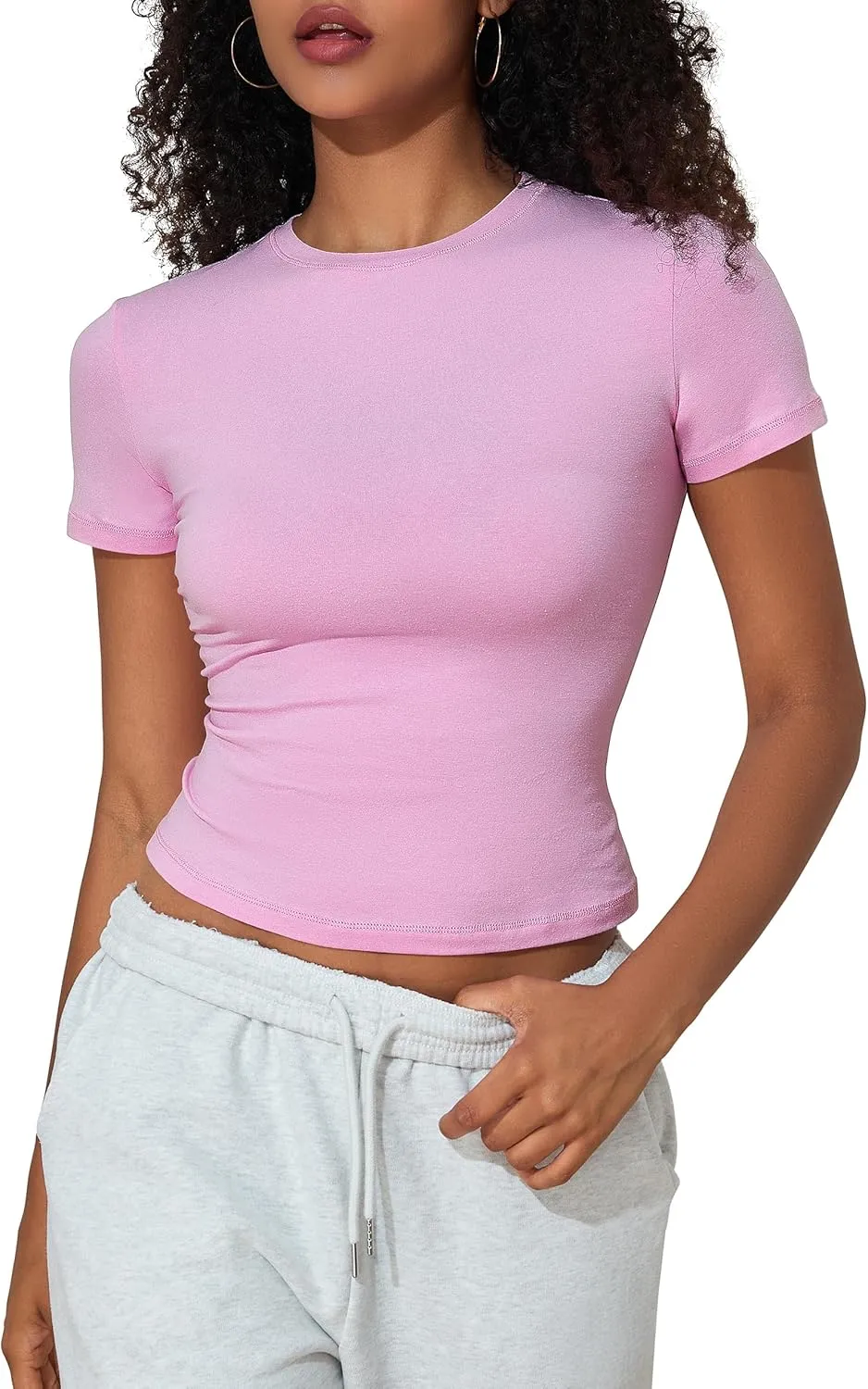 PrettyGuide Women's Crew Neck Short Sleeve Summer Basic Tee Tight Fit Cotton Jersey T Shirt Y2K Going Out Tops