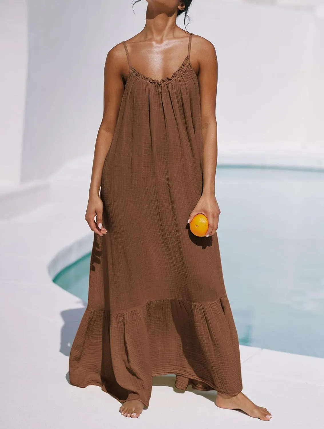 R.Vivimos Women's Summer Cotton Maxi Dress Adjustable Spaghetti Strap Boho Casual Backless Ruffle Loose Fit Flowy Dress