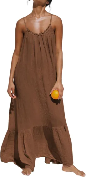 R.Vivimos Women's Summer Cotton Maxi Dress Adjustable Spaghetti Strap Boho Casual Backless Ruffle Loose Fit Flowy Dress