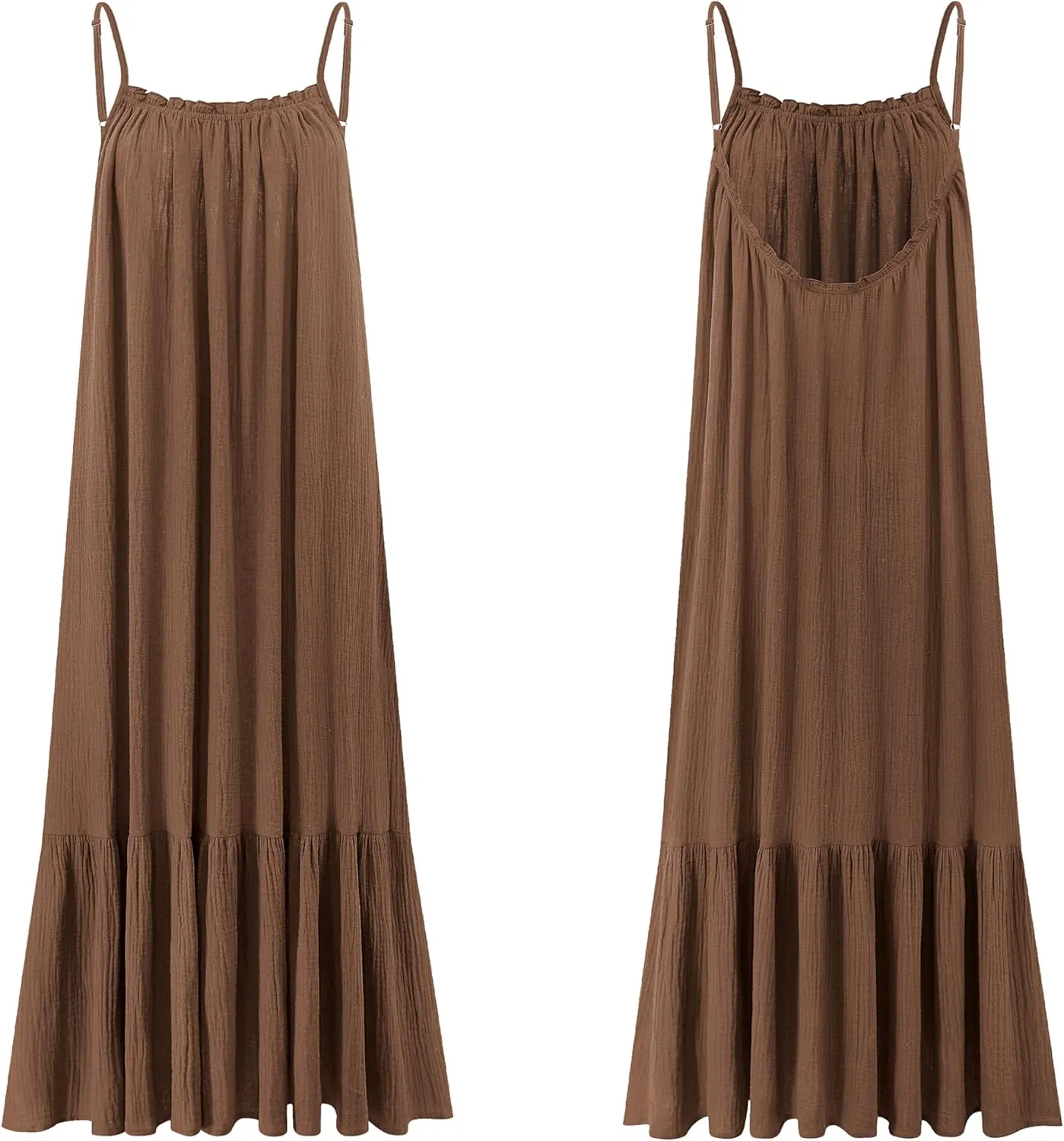 R.Vivimos Women's Summer Cotton Maxi Dress Adjustable Spaghetti Strap Boho Casual Backless Ruffle Loose Fit Flowy Dress