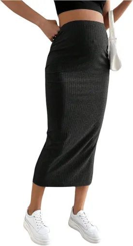SHENHE Women's Maternity Skirt Adjustable Rib Knit High Waist Split Pencil Long Skirt