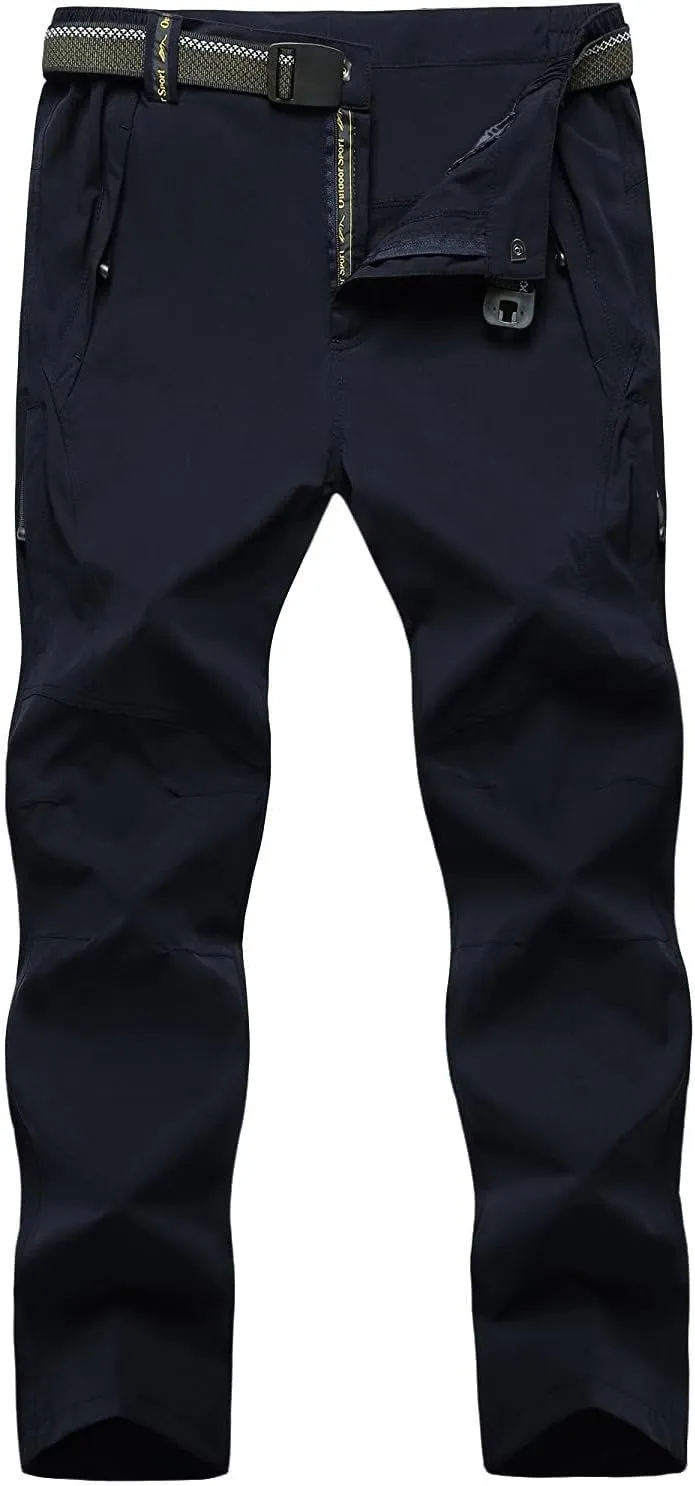 TBMPOY Men's Lightweight Hiking Pants with Belt 5 Zip Pockets Waterproof Quick-Dry Travel Fishing Work Outdoor Pants
