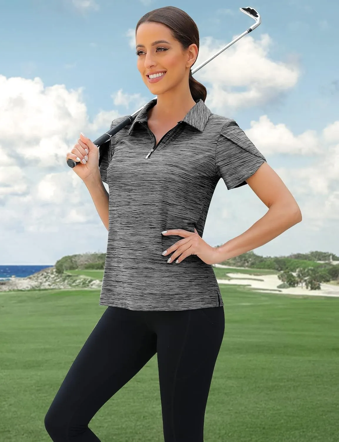 Viracy Womens Golf Polo Shirts 1/4 Zip Up Overlap Short Sleeve Quick Dry Workout Tops