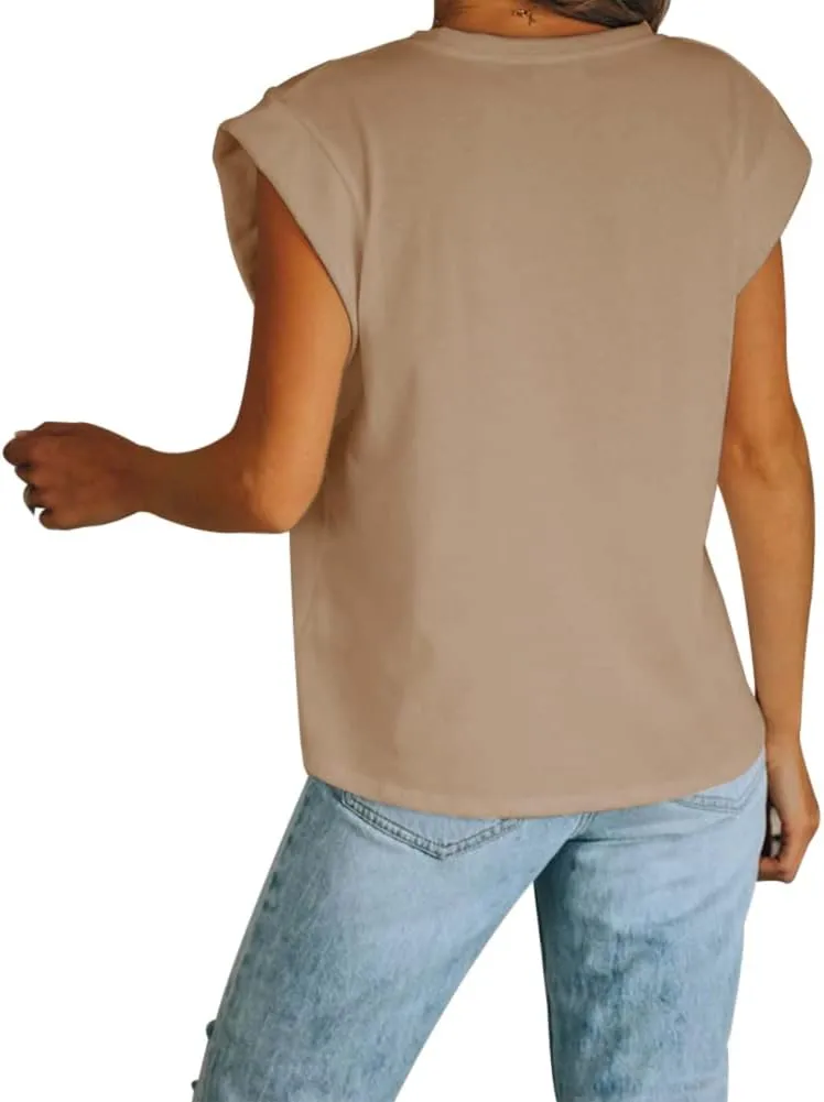 Women's Cap Sleeve Tank Top Crew Neck T Shirts Loose Fit Basic Summer Casual Tee Tops